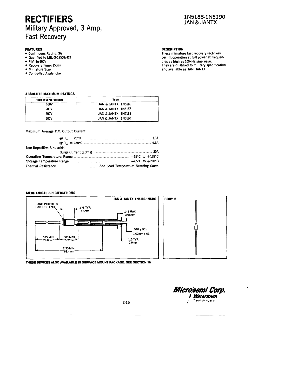 Microsemi Corporation 1N5190, 1N5188, 1N5187, 1N5186 Datasheet