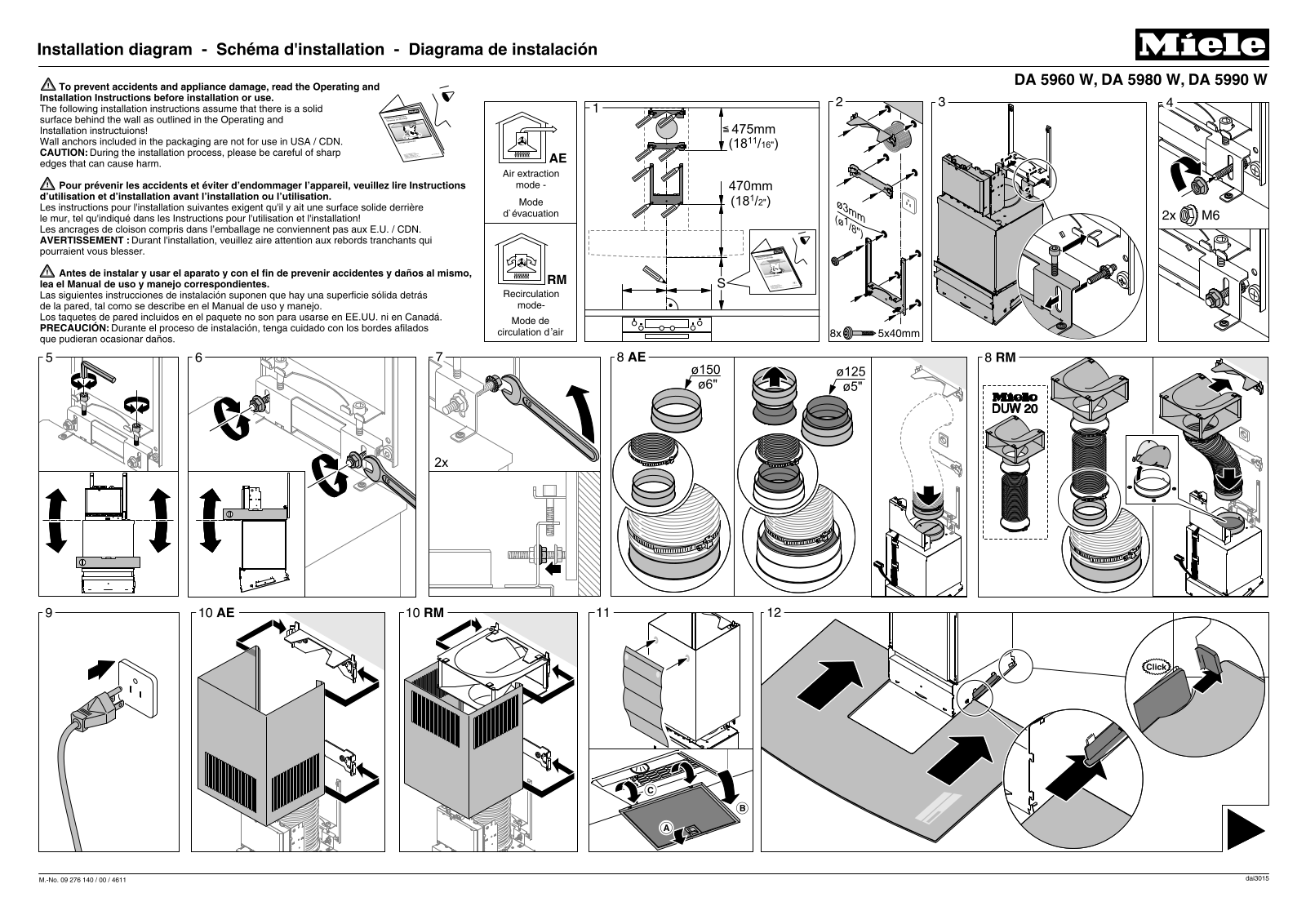 Miele DA 5960 WбDA 5980 W, DA 5990 W Fitting instructions