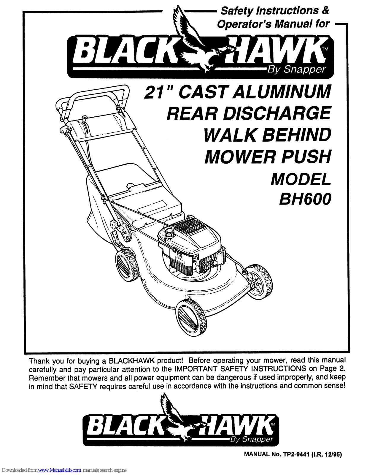 Black Hawk BH600 Safety Instructions & Operator's Manual