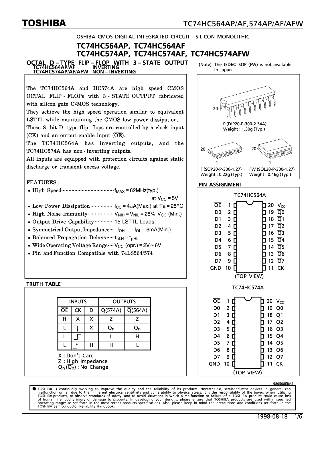 Toshiba TC74HC574AFW, TC74HC574AF Datasheet