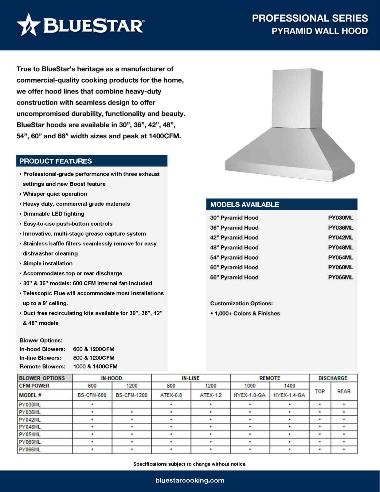 BlueStar PY 030 ML, PY 036 ML, PY 042 ML, PY 048 ML, PY 054 ML Specification Sheet