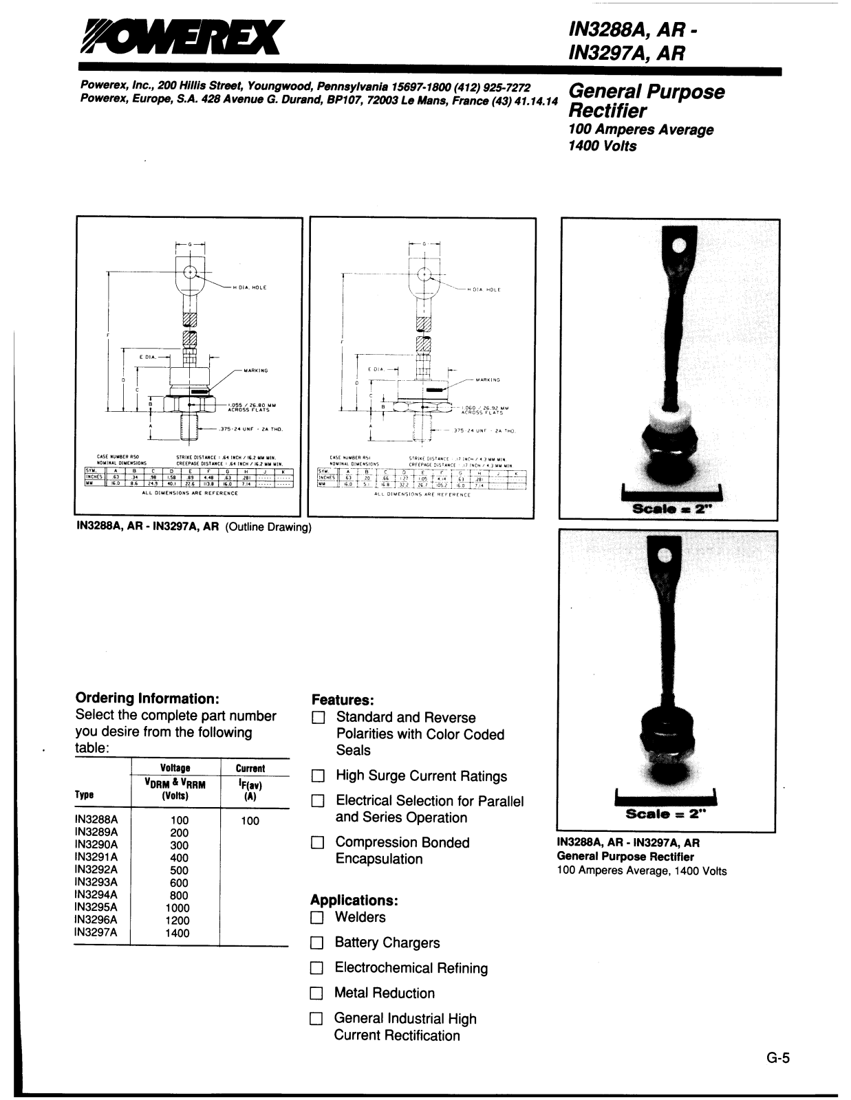 Powerex IN3288A, IN3289A, IN3290A, IN3291A, IN3292A Data Sheet