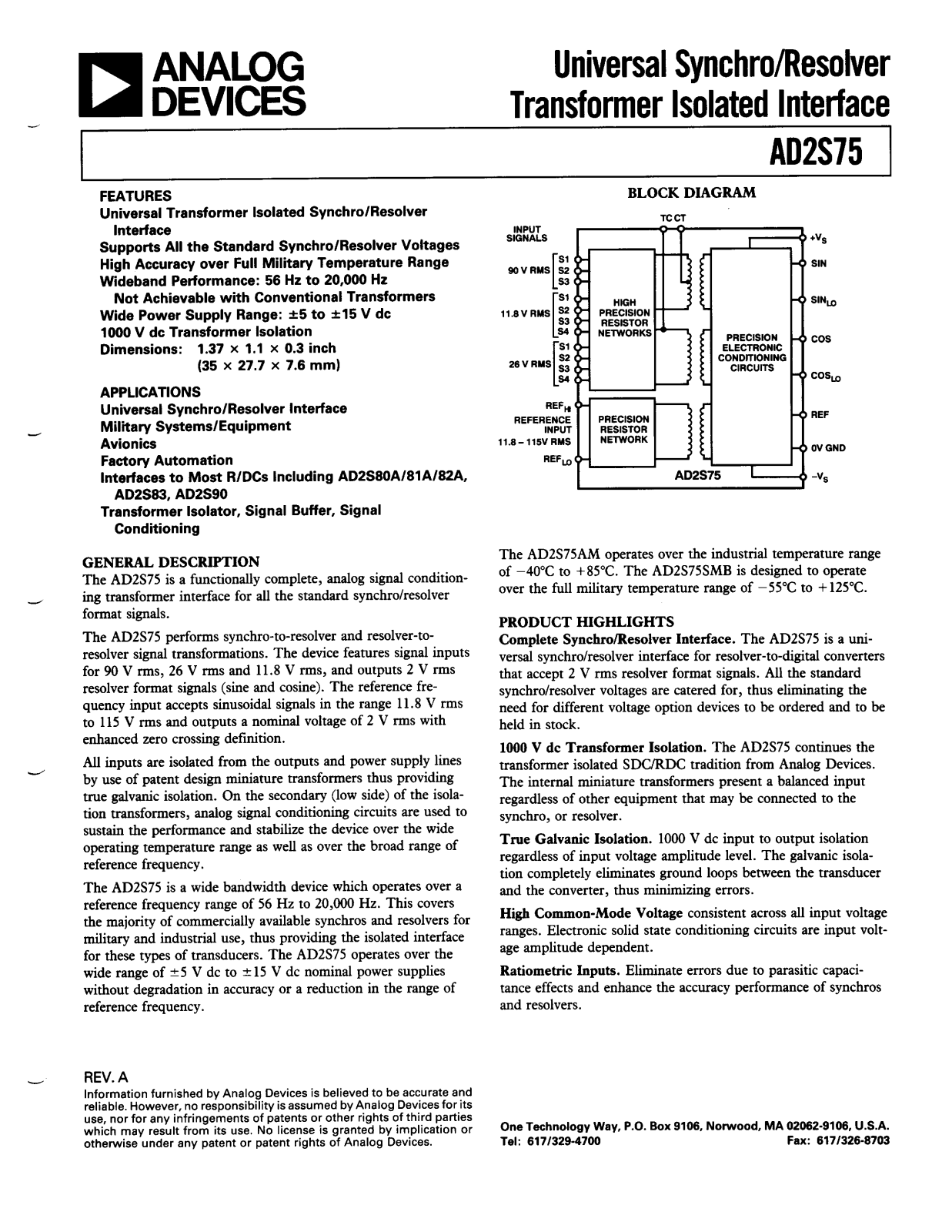 Analog Devices AD2S75 a Datasheet