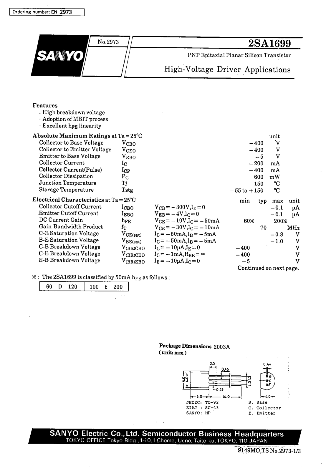 SANYO 2SA1699 Datasheet