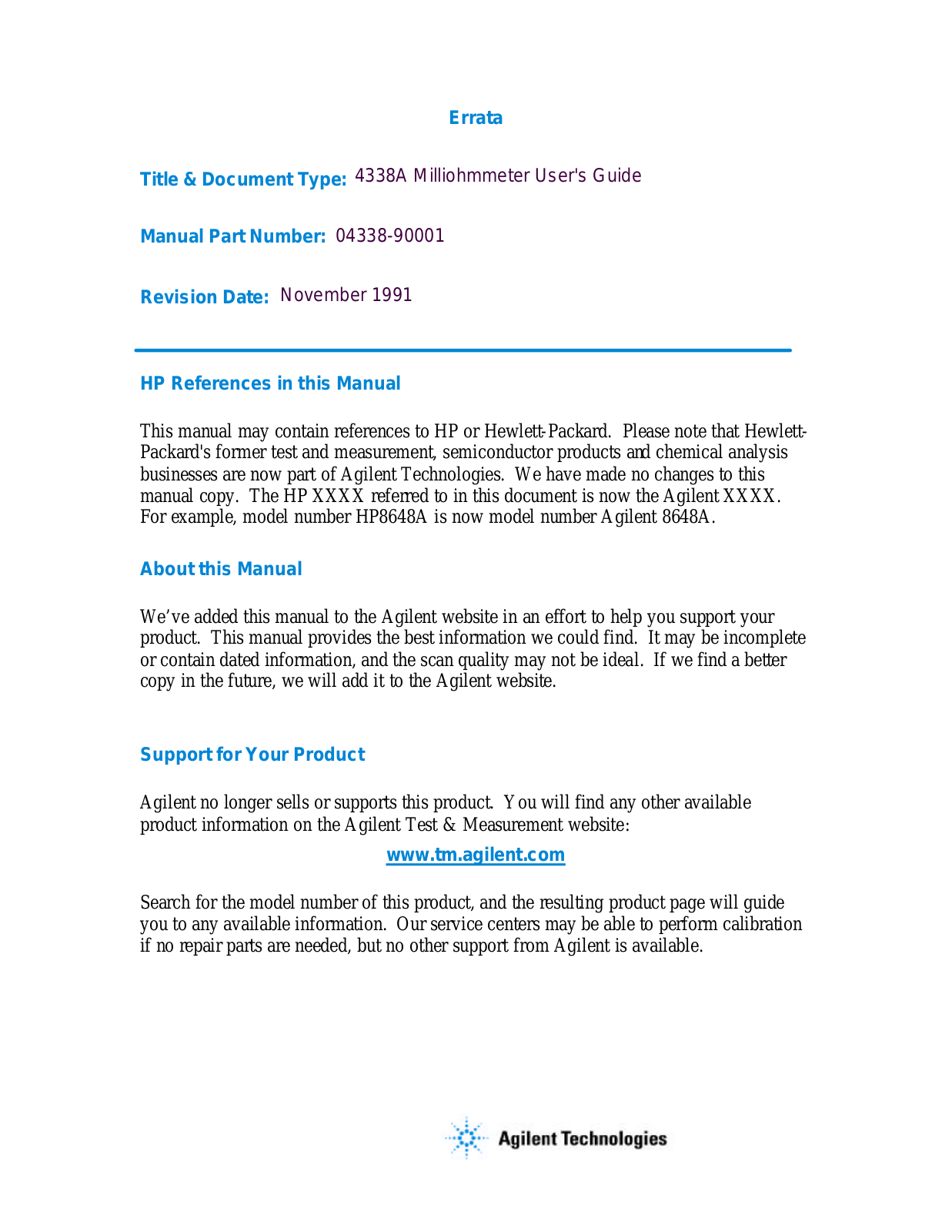 Agilent Technologies 4338A User Manual