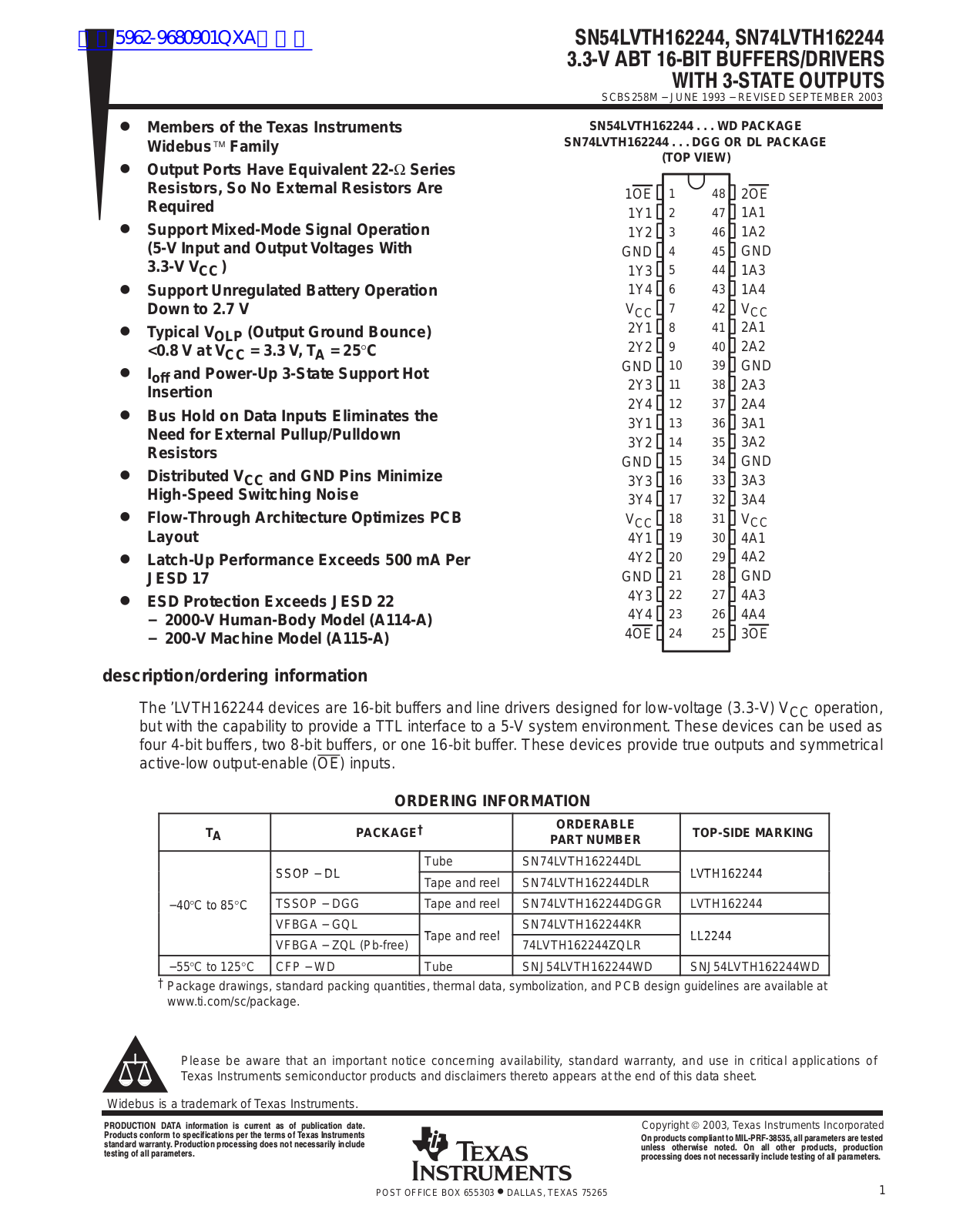 TEXAS INSTRUMENTS SN54LVTH162244, SN74LVTH162244 Technical data