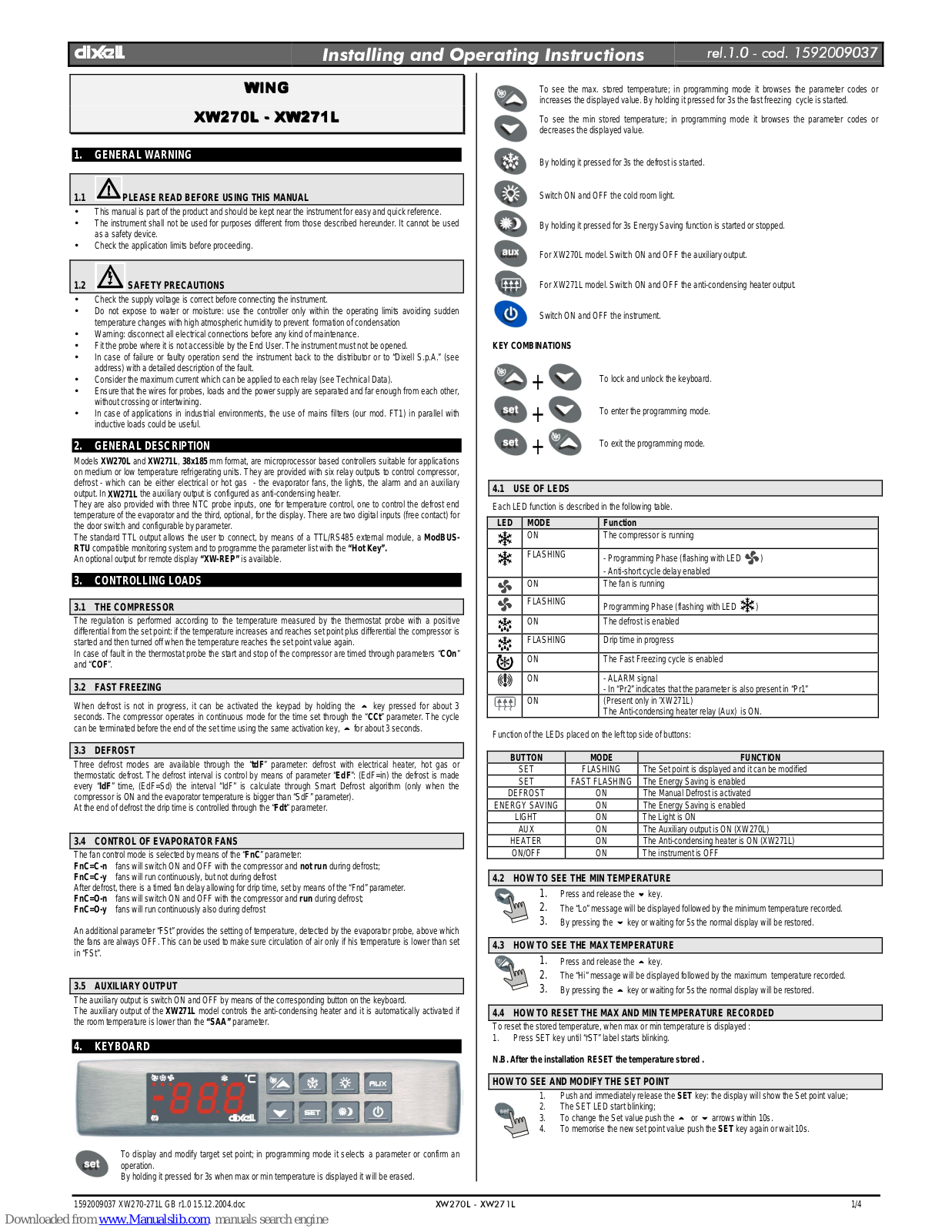 dixell Wing XW270L, Wing XW271L Installation And Operating Instructions Manual