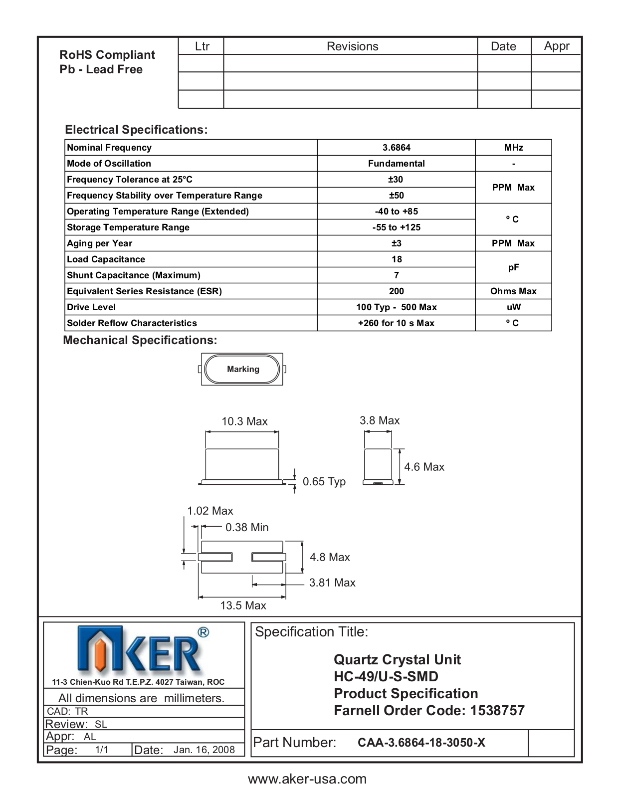 Datasheet CAA-3.6864-18-3050-X Datasheet (AKER) - ManualMachine.com