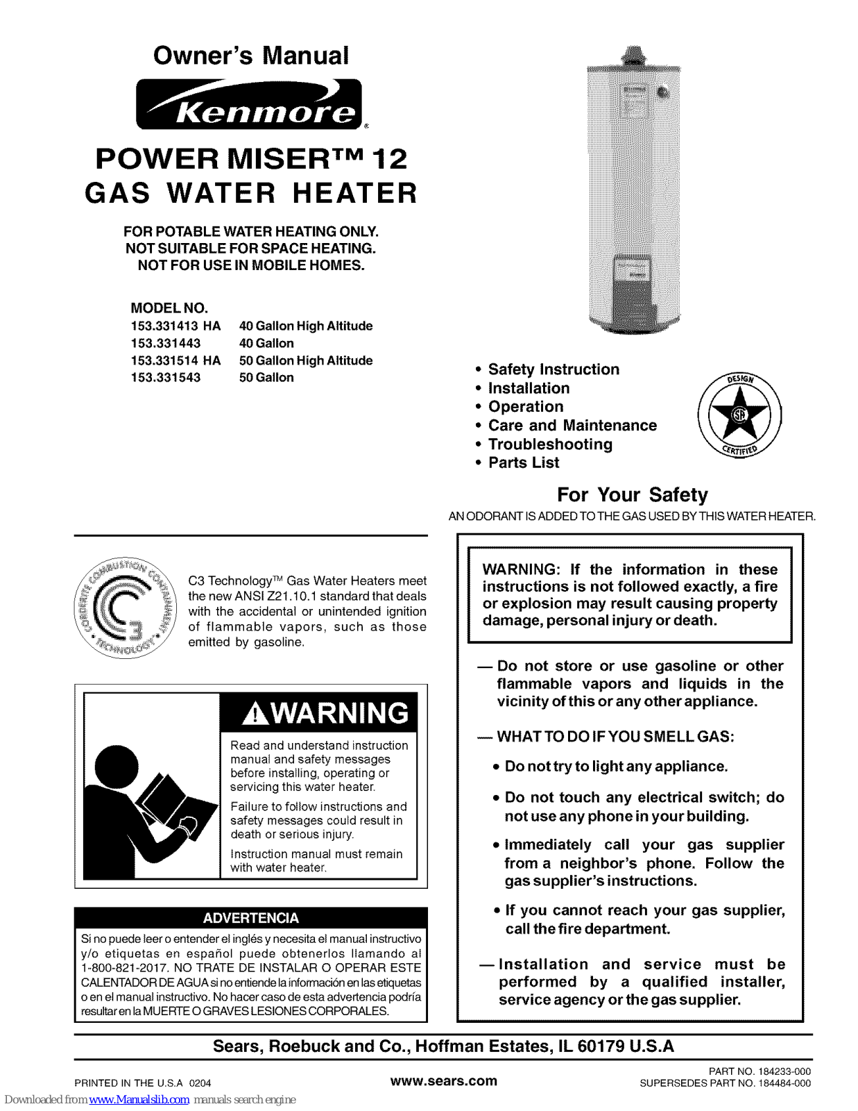 Kenmore Power Miser 12 153.331413 HA, Power Miser 12 153.331514 HA, Power Miser 12 153.331543, Power Miser 12 153.331443 Owner's Manual - ManualMachine.com