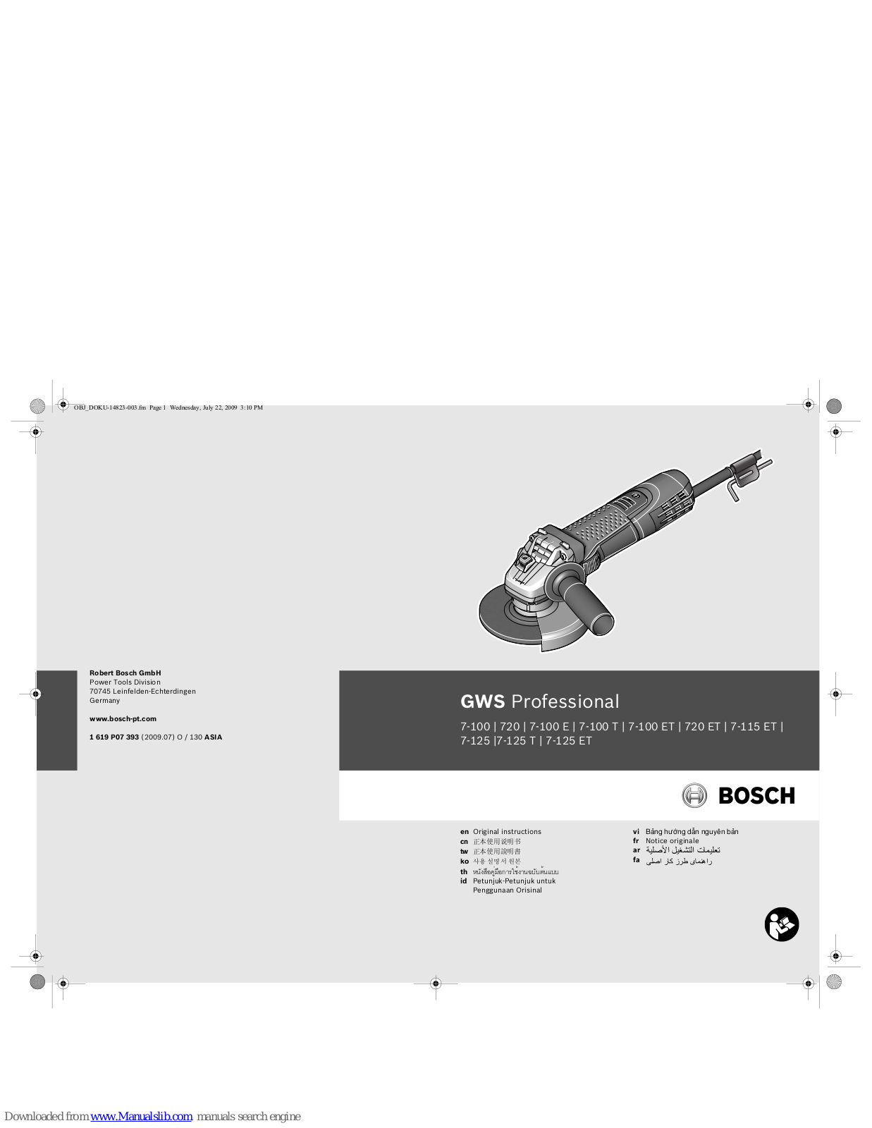 Bosch GWS 7-115 ET Professional, GWS 7-100  Professional, GWS 720 ET Professional, GWS 7-125 Professional, GWS 7-100 ET Professional Original Instructions Manual