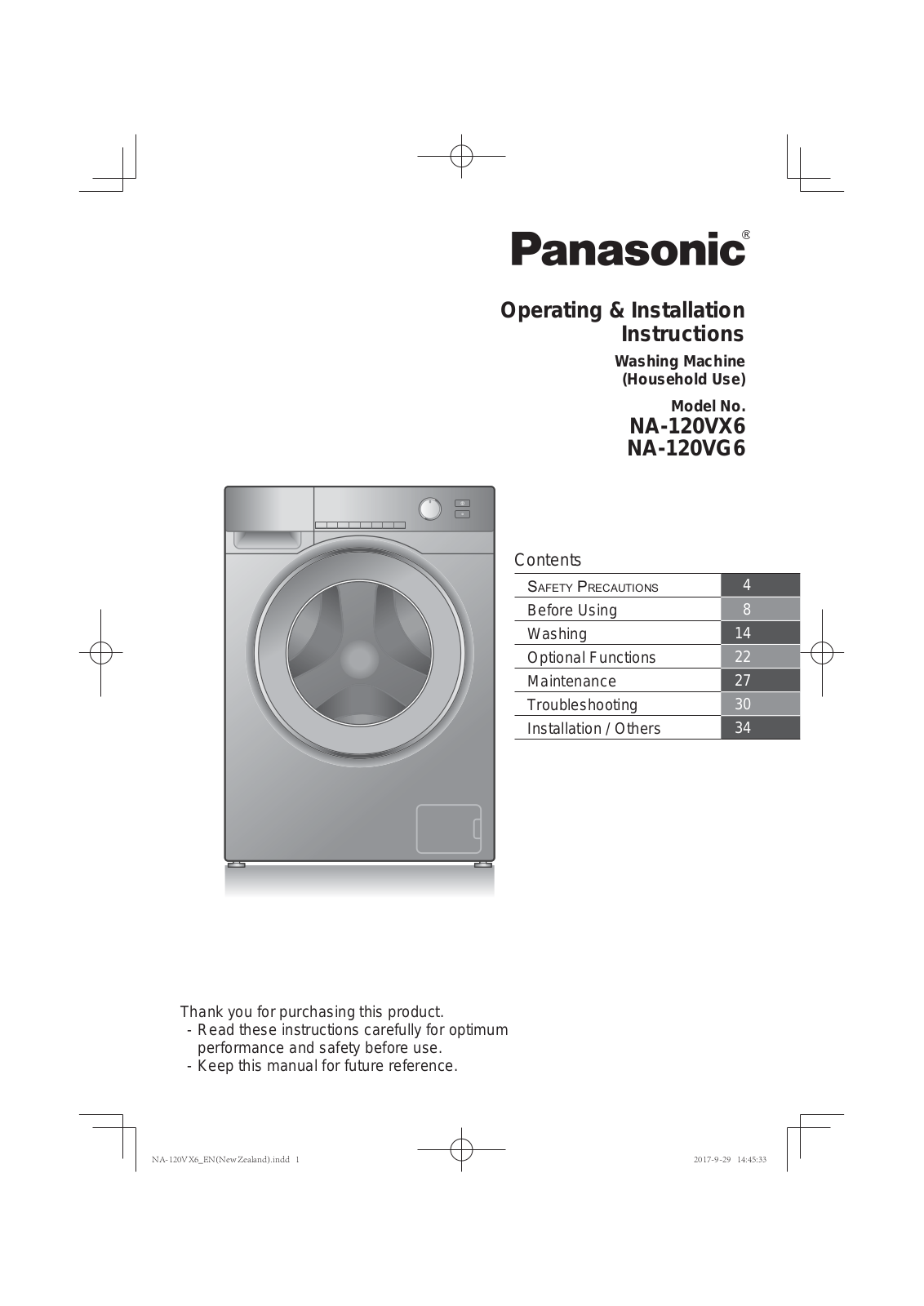 Panasonic NA-120VG6WAU Installation and Operation Guide