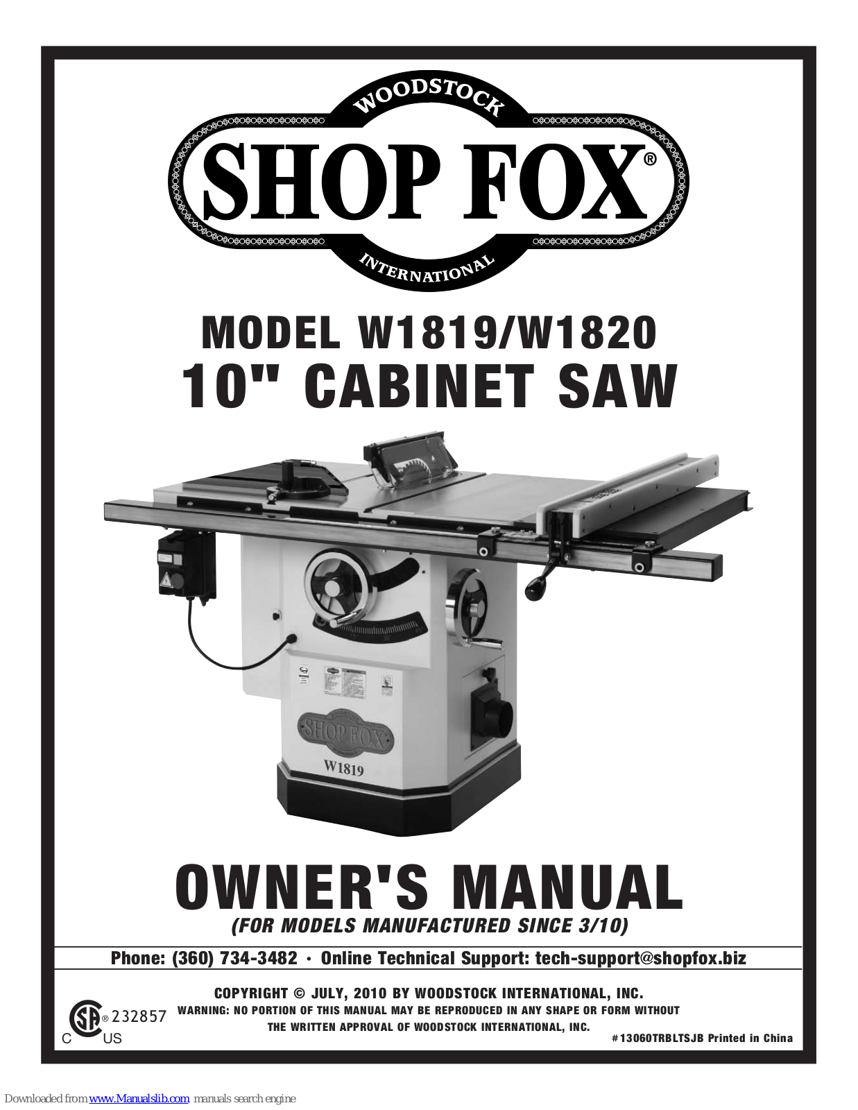 Shop fox W1820 Owner's Manual