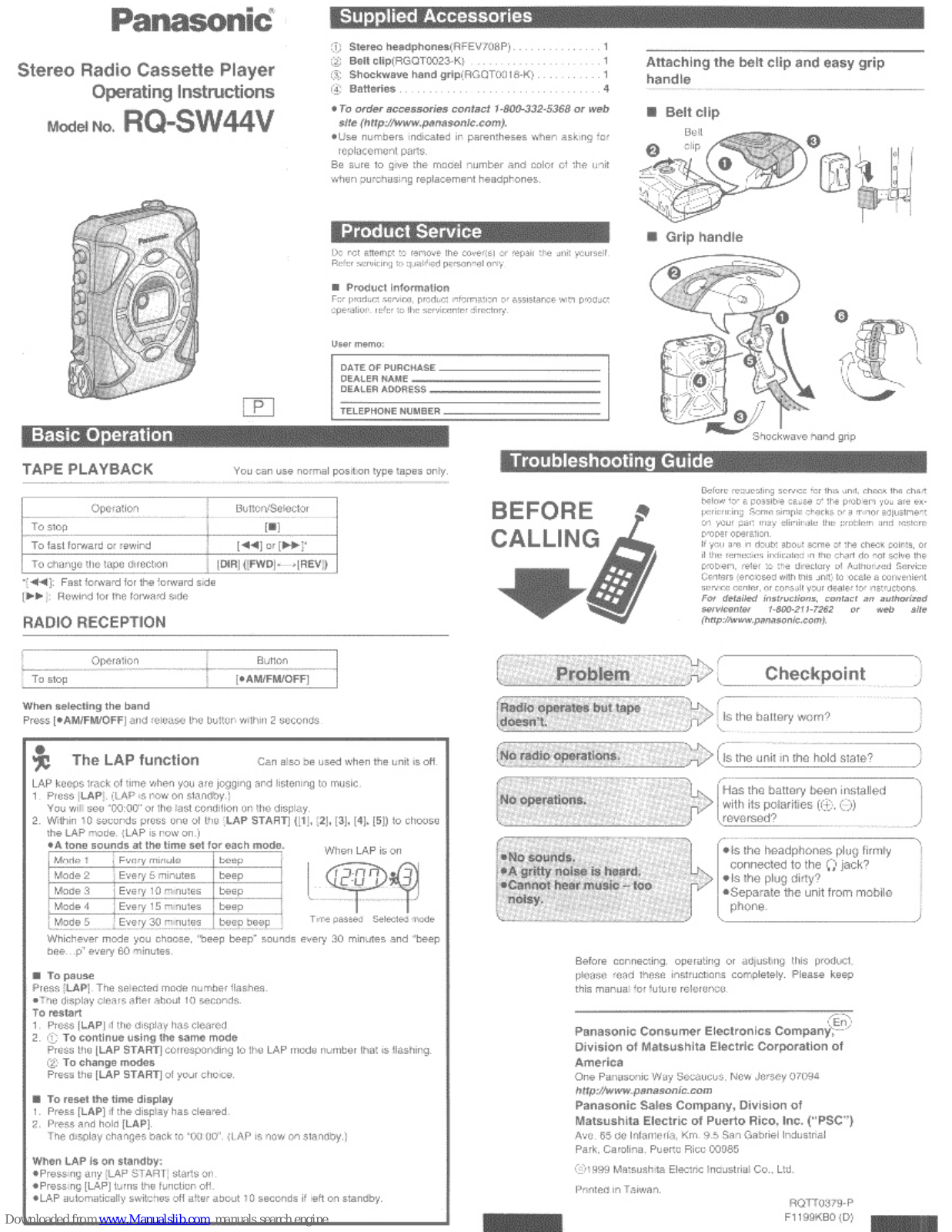 Panasonic RQ-SW44VA, RQ-SW44VK, RQ-SW44VS, RQ-SW44V Operating Instructions Manual