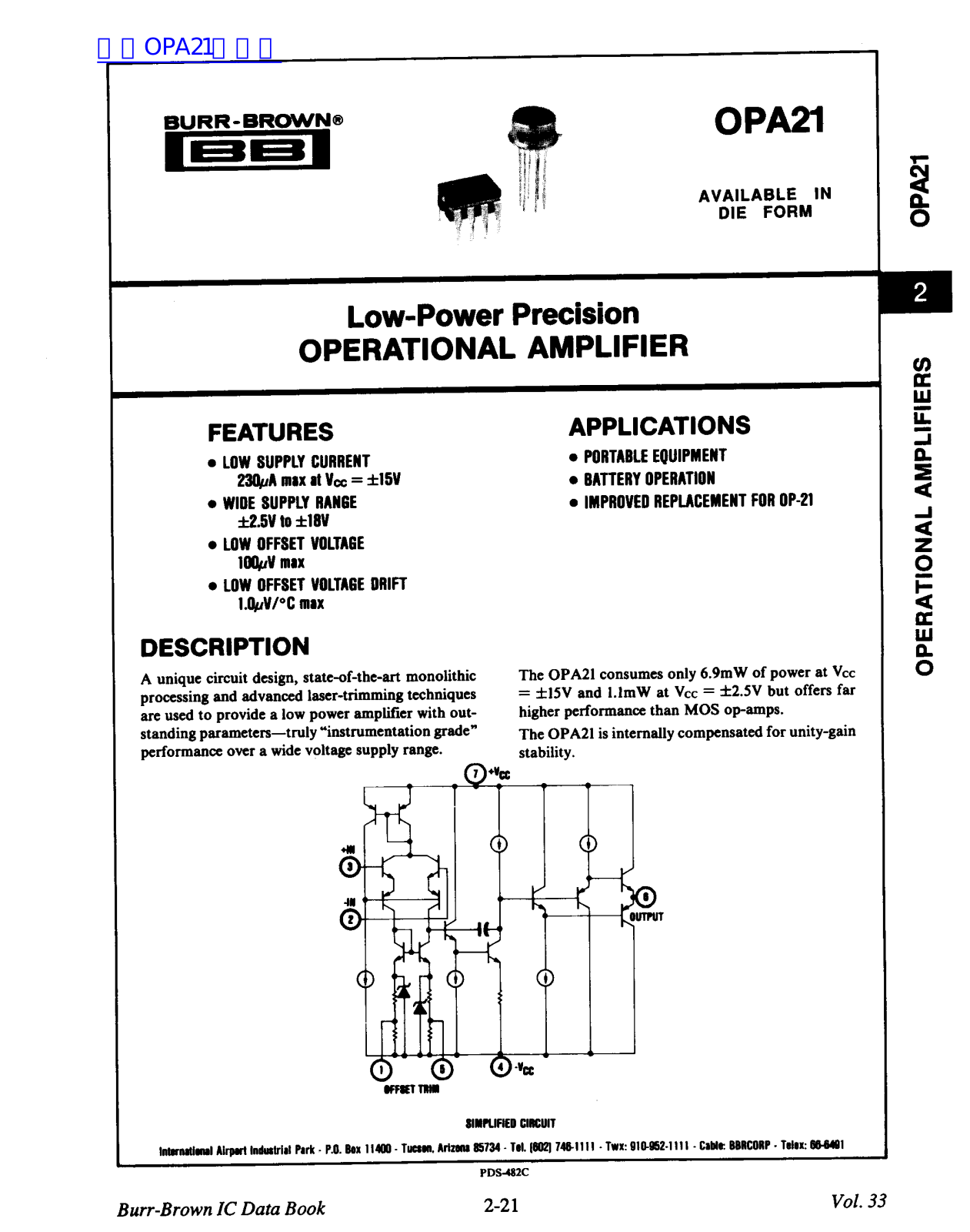 BURR-BROWN OPA21 User Manual