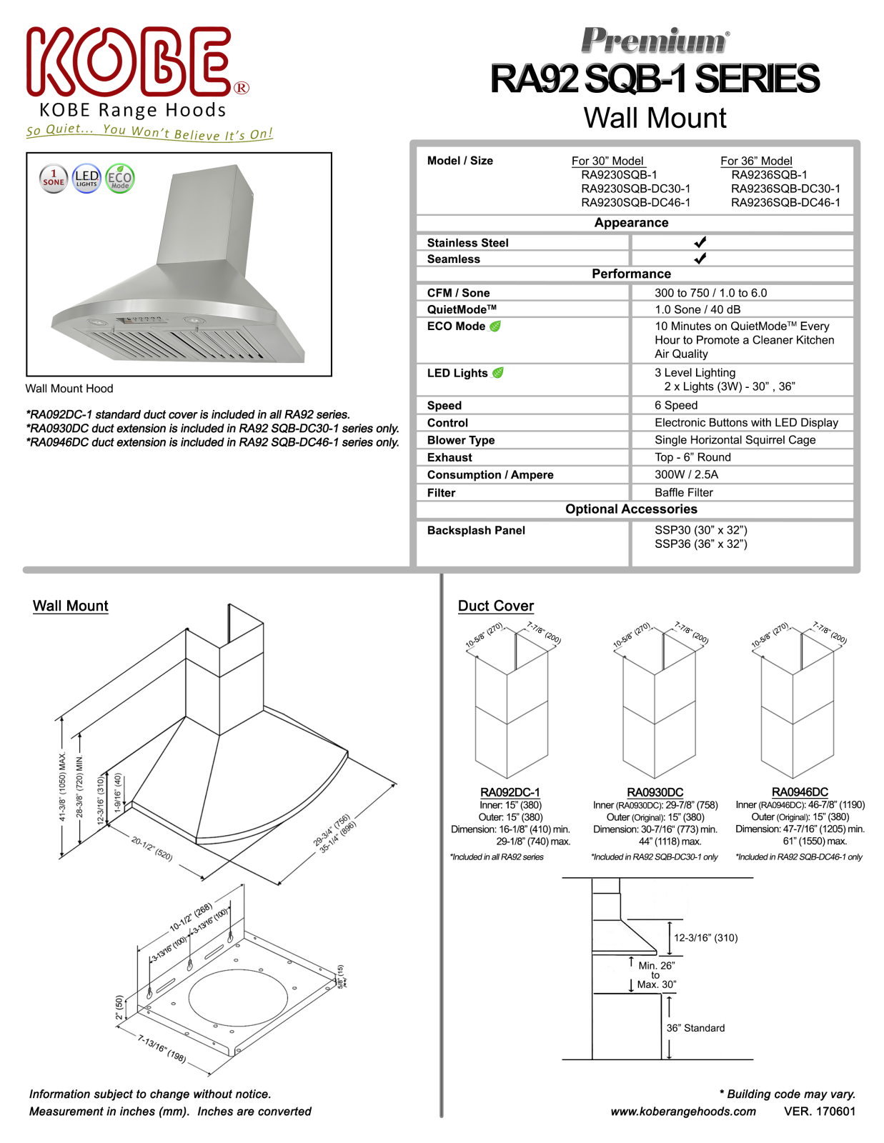 Kobe RA9236SQBDC461, RA9230SQB1 Specifications