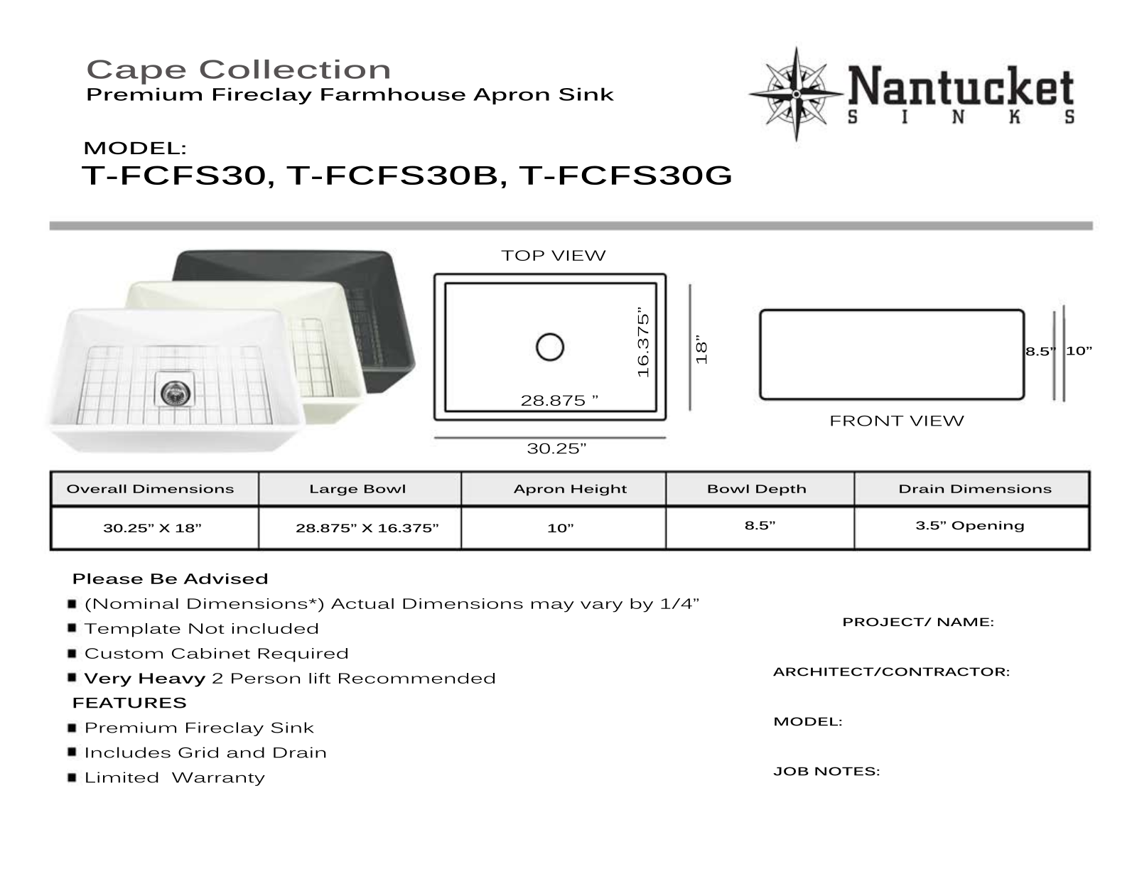 Nantucket TFCFS30 Specifications