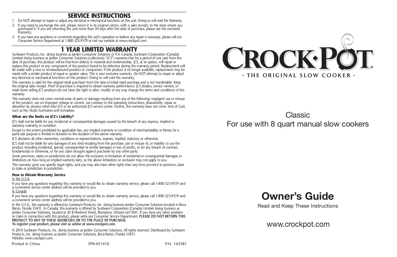 Crock-Pot Classic 8 Quart User Manual