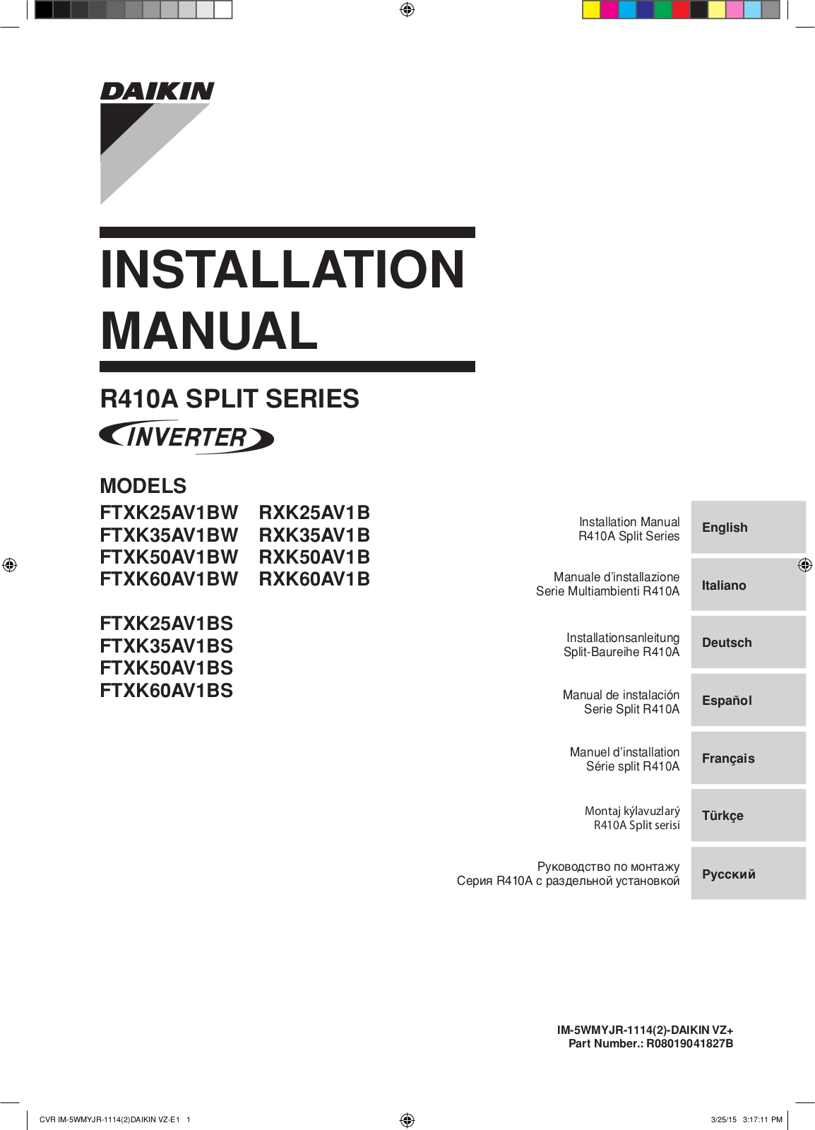 Daikin FTXK60AV1BW user guide manual