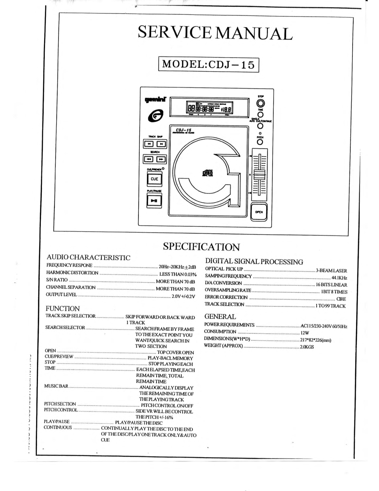 Gemini Sound CDJ-15 Service manual