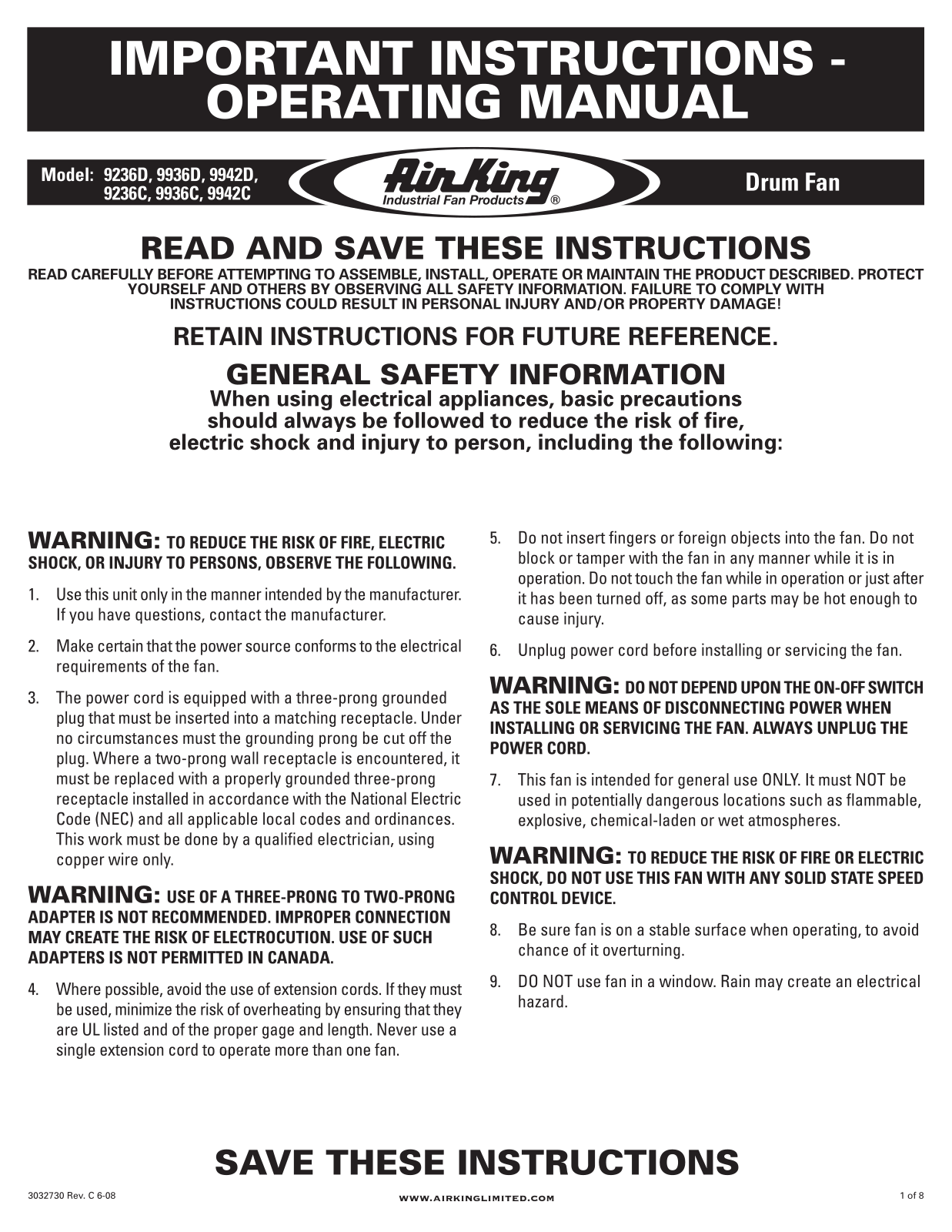 Air King 9942D Operating Manual