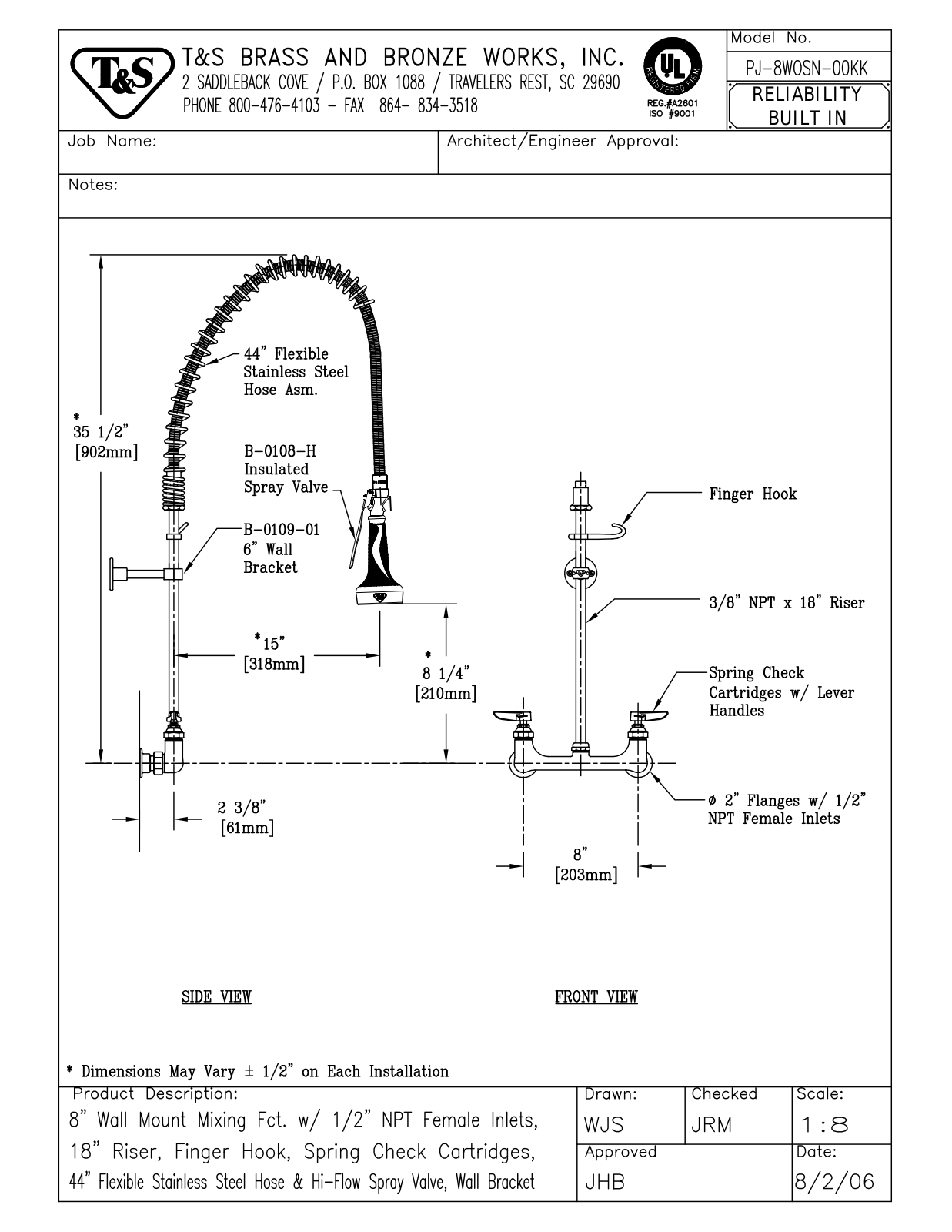 T&S Brass PJ-8WOSN-00KK User Manual