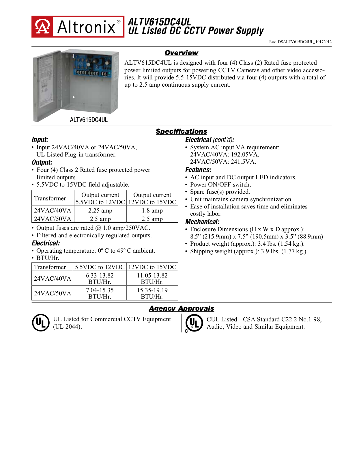 Altronix ALTV615DC4UL Specsheet