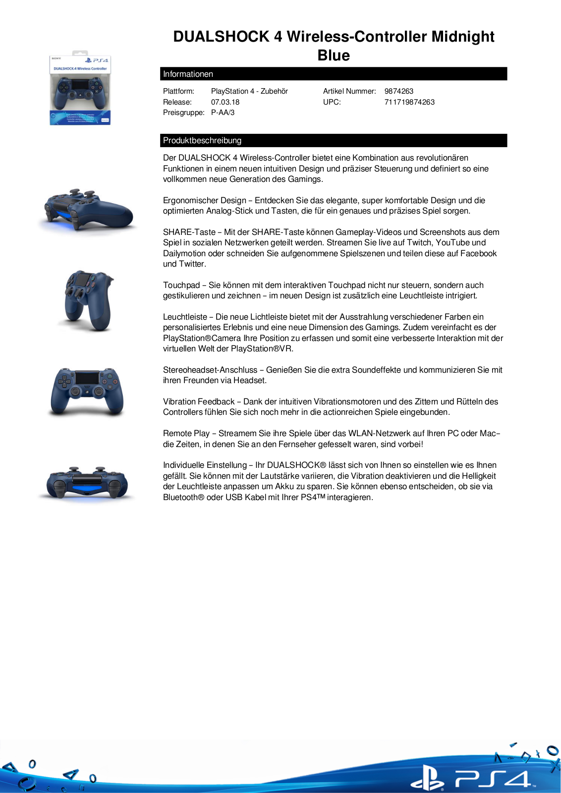 Sony PlayStation 4 Dualshock Technical data