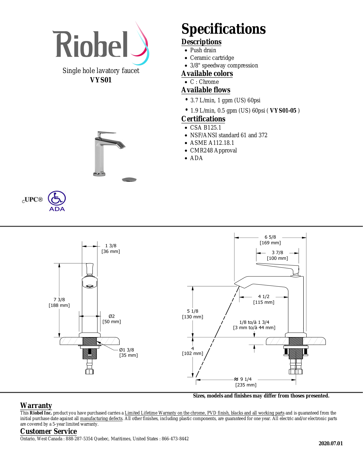 Riobel VYS01C05, VYS01C Specifications - ManualMachine.com