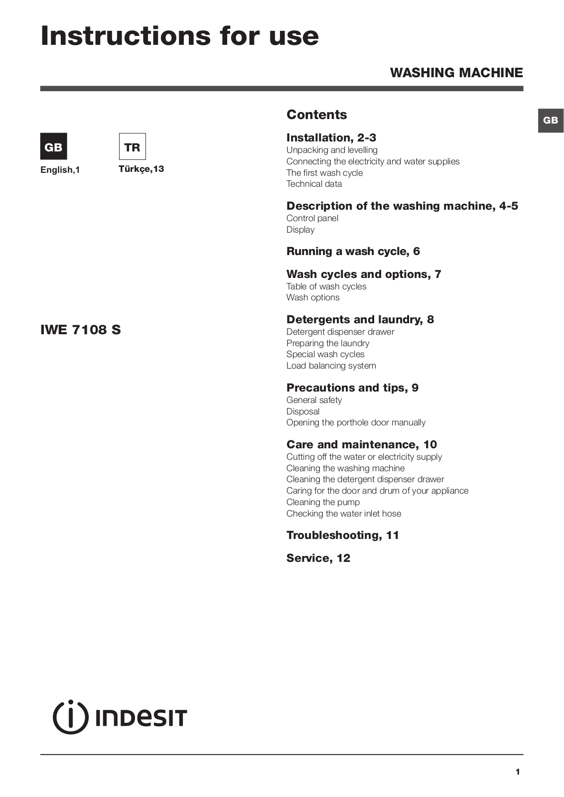 INDESIT IWE 7108 S (EU) User Manual