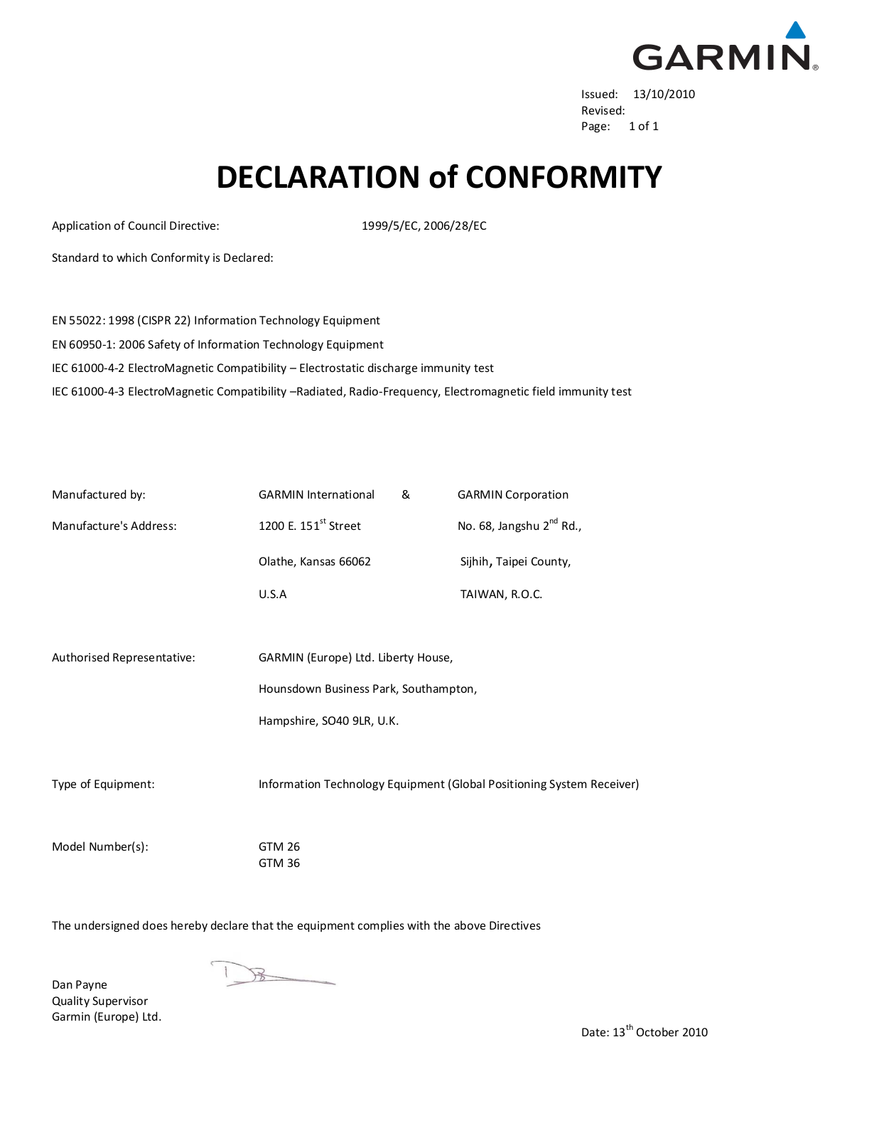 Garmin nuvi 1370T, nuvi 1450LM Declaration of Conformity