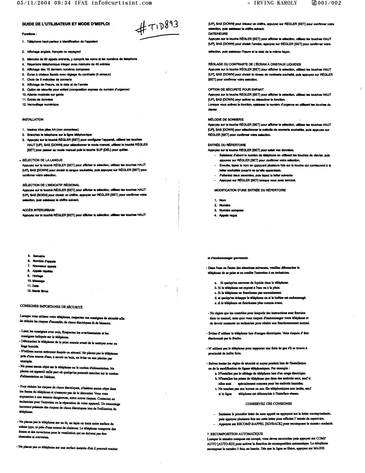 CURTIS TID893 User Manual