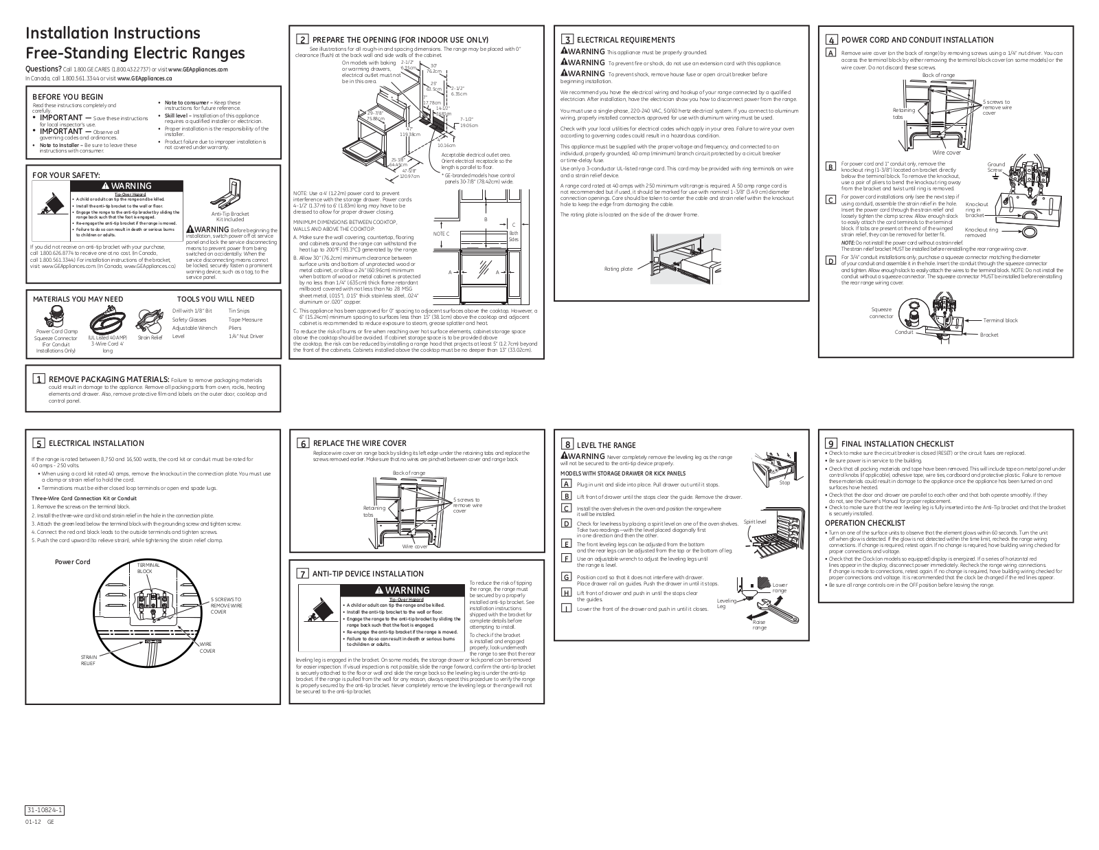 GE Free-Standing Electric Ranges Installation Instructions