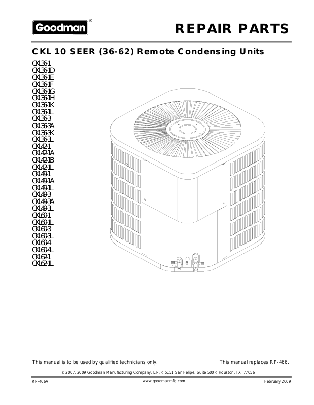 Goodman CKL36-1, CKL36-1D, CKL36-1E, CKL36-1F, CKL36-1G REPAIR PARTS