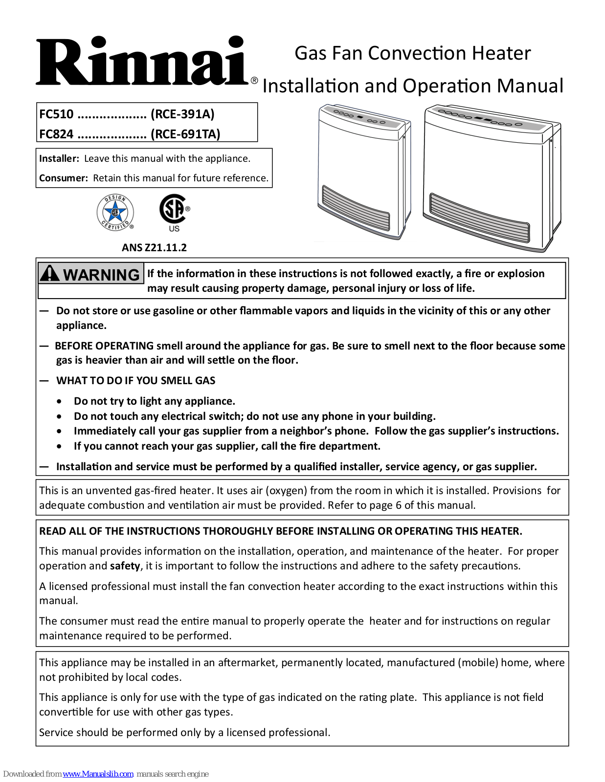 Rinnai FC510, FC824, RCE-391A-H, RCE-691TA-H, RCE-391A Installation And Operation Manual