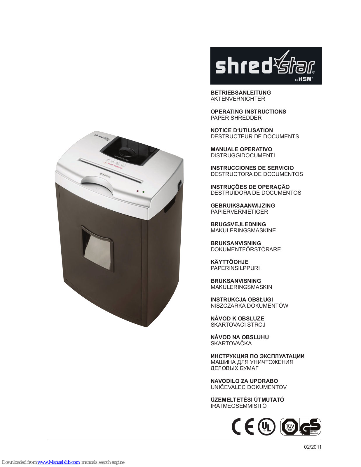 HSM shredstar, Shred Star X8pro Operating Instructions Manual