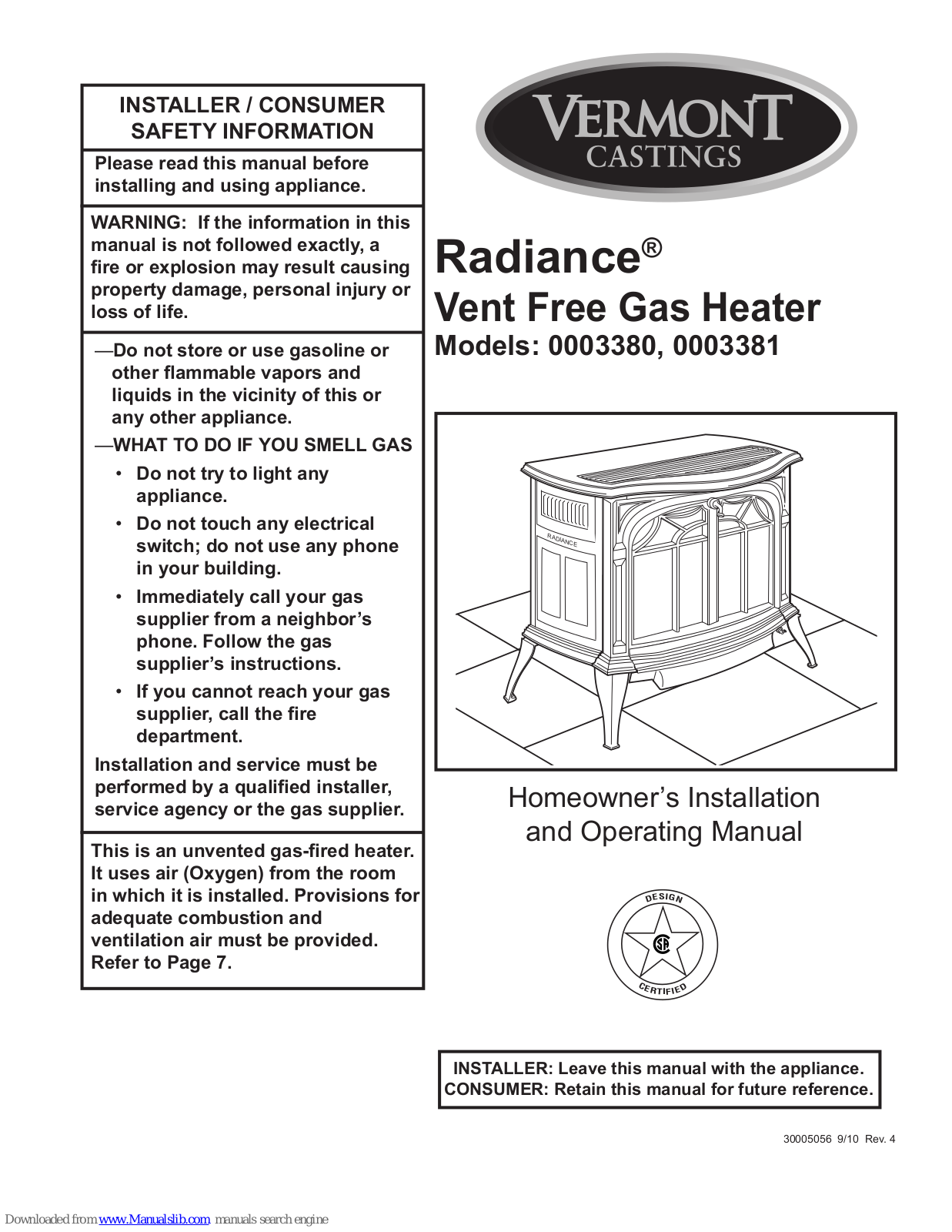 Vermont Castings Radiance 0003380, Radiance 0003381 Homeowner's Installation And Operating Manual