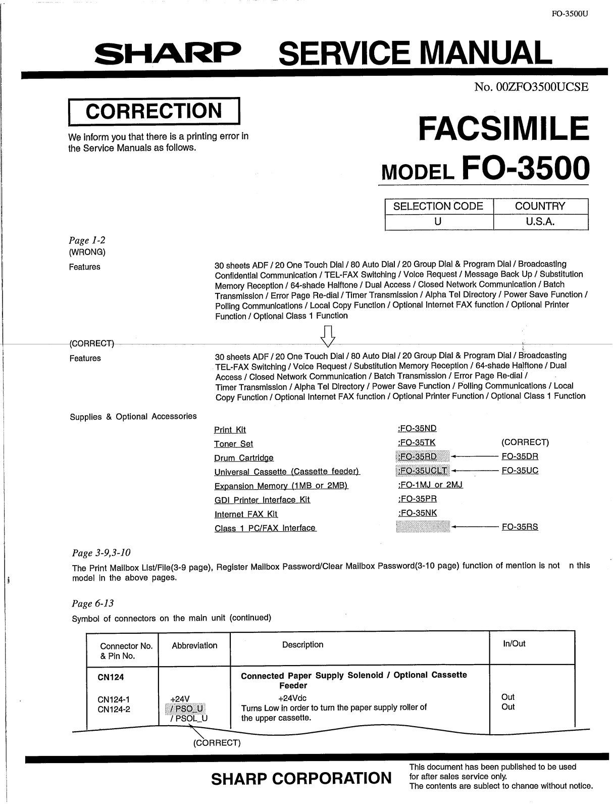 sharp FO3500COR, FO-3500 Service Manual