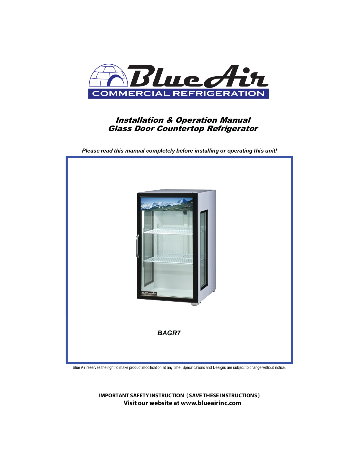 Blue Air BAGR7 Installation Manual