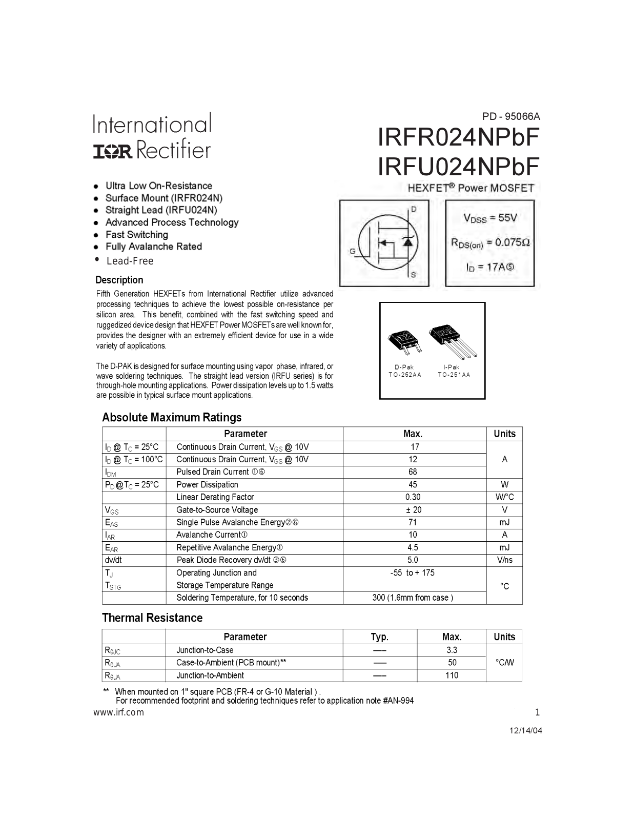 Datasheet IRFR 024NPBF Datasheet - ManualMachine.com