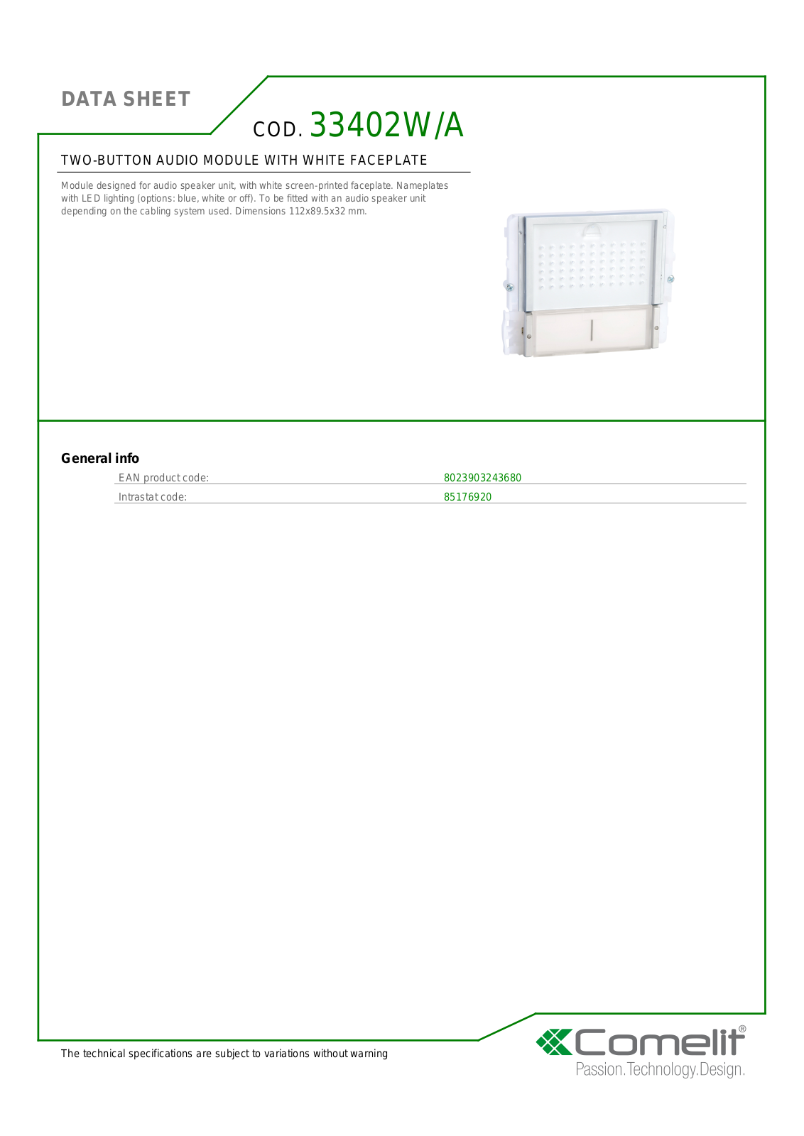 Comelit 33402W-A Specsheet