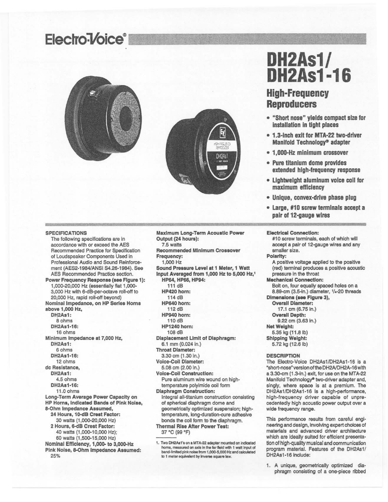 Electro-voice DH2AS1, DH2AS1-16 Manual