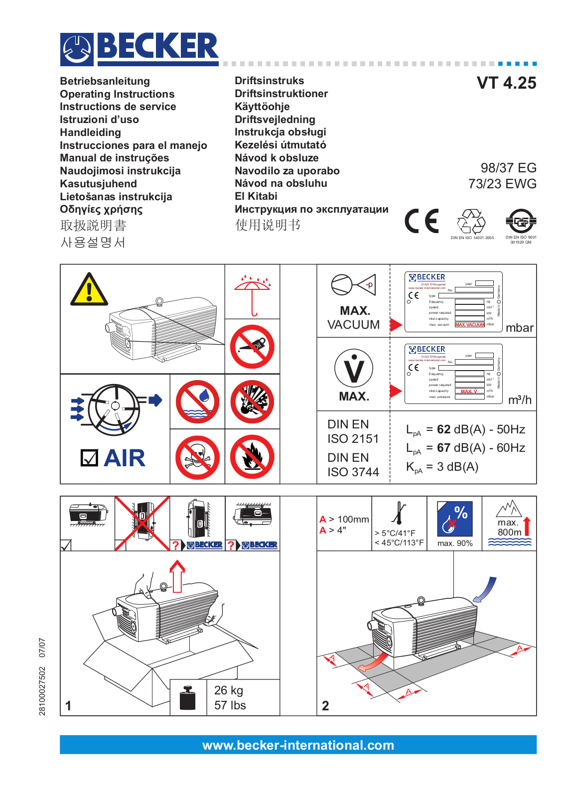 Becker VT 4.25 Operating Instructions Manual