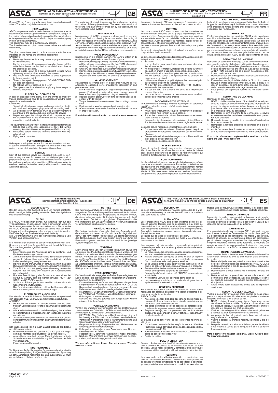 ASCO Series 262 NO G 1/4 Brass Manuals & Guides
