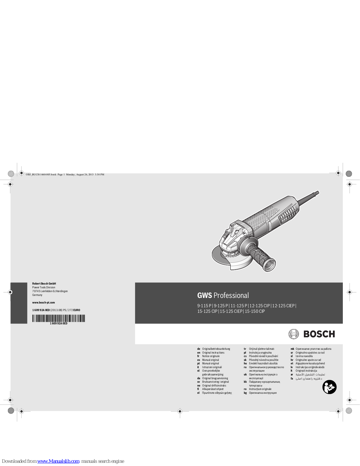 Bosch GWS 9-115 P Professional, GWS 9-125 P Professional, GWS 11-125 P Professional, GWS 12-125 CIP Professional, GWS 12-125 CIEP Professional Original Instructions Manual