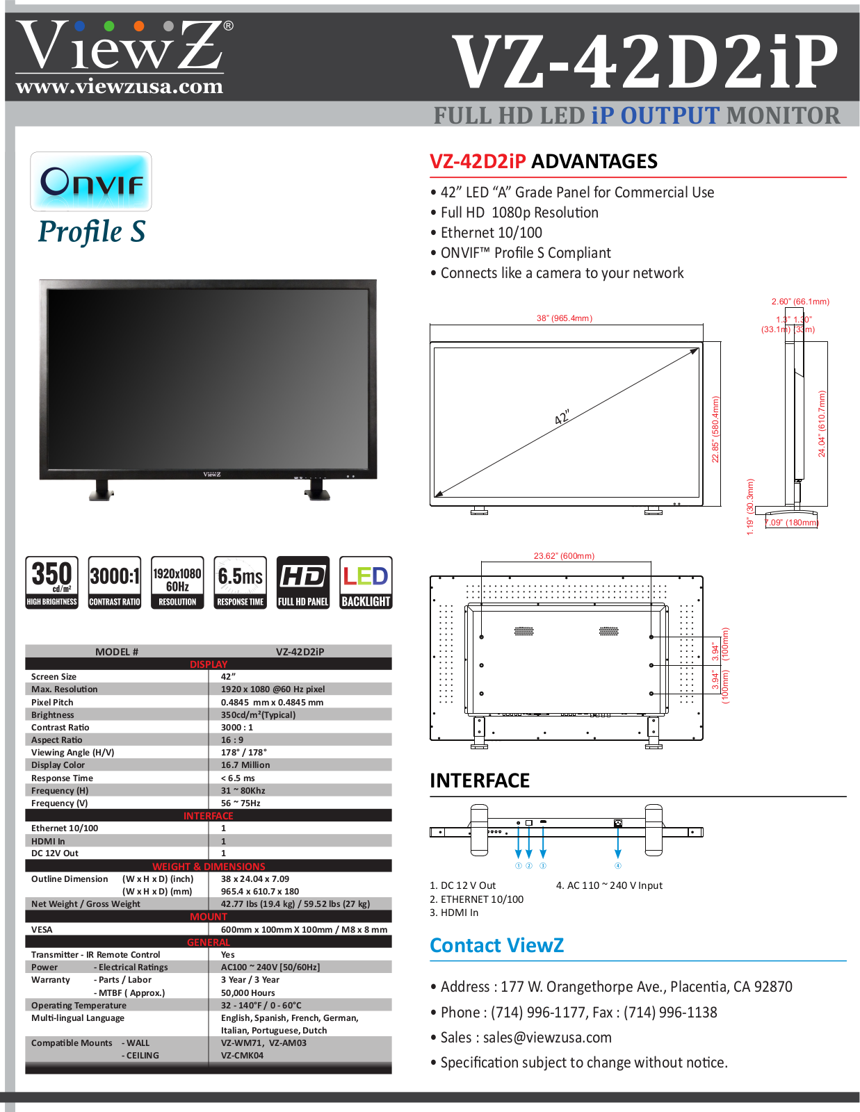 ViewZ VZ-42D2iP Specsheet