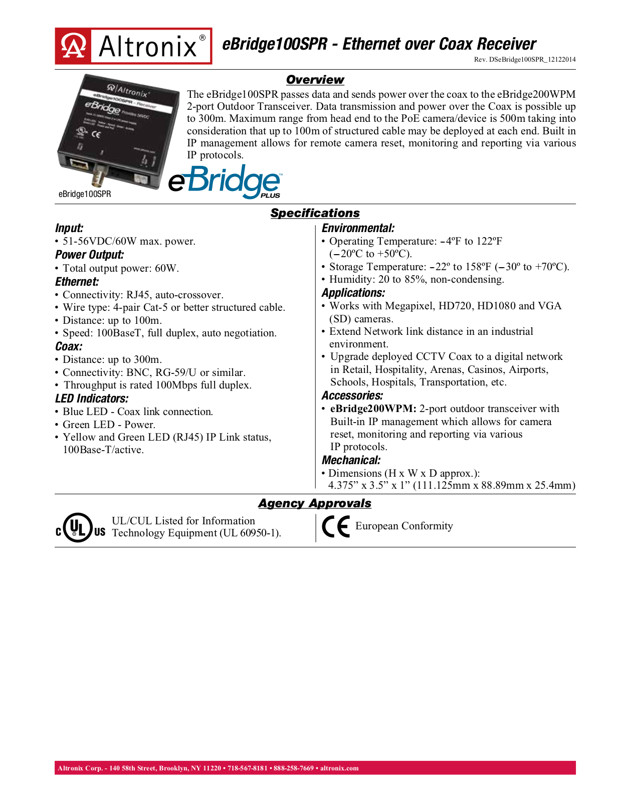 Altronix EBRIDGE100SPR Specsheet