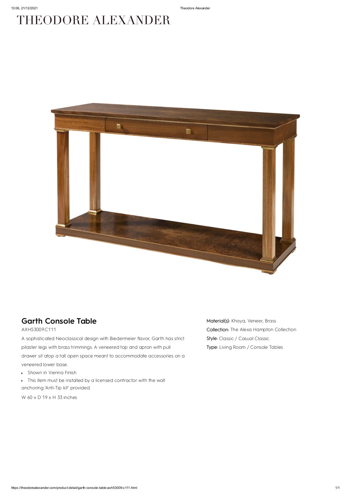 Theodore Alexander FPLJ3914 Specifications - ManualMachine.com
