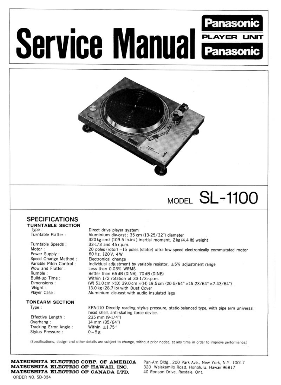 Technics SL-1100 Service manual