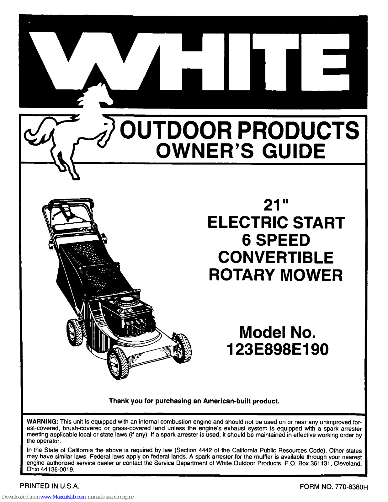 White Outdoor 123E898E190 Owner's Manual