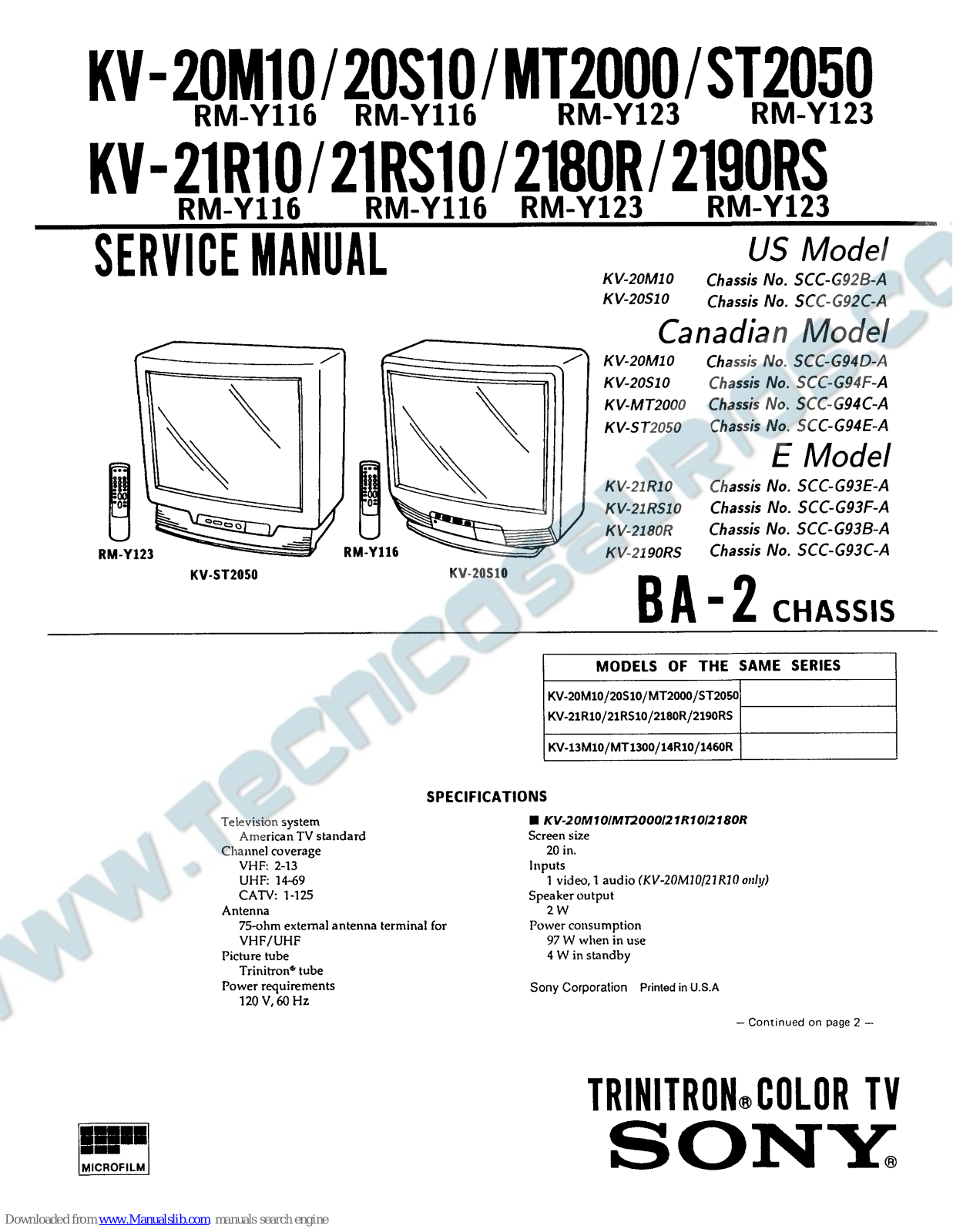 Sony KV-20S10, KV-ST2050, KV-20R10, KV-21R10, KV-2180R Service Manual